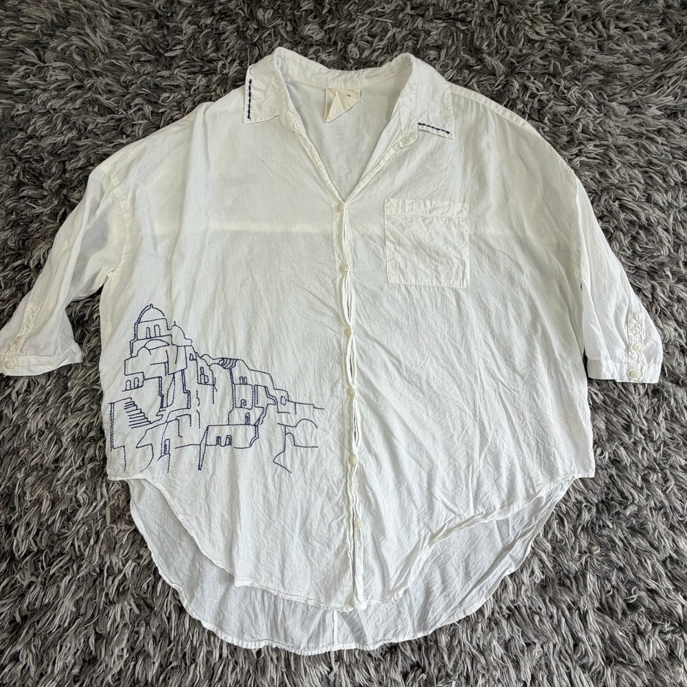 Allihop White Embroidered Santorini Button Down Shirt 3/4 Sleeve Size S 3146
